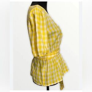 St. John's Bay Faux Wrap Gingham Blouse Yellow White Size S V-Neck Belted